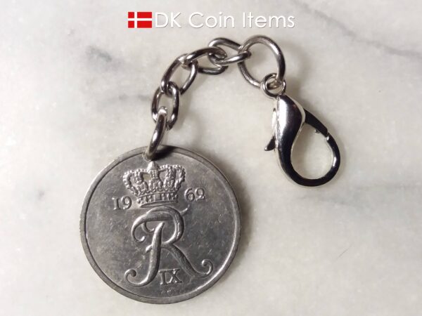 Denmark 1962 coin pendant charm. 62 year old Danish 25 ore coin pendant with R initial