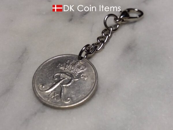 Denmark 1962 coin pendant charm. 62 year old Danish 25 ore coin pendant with R initial