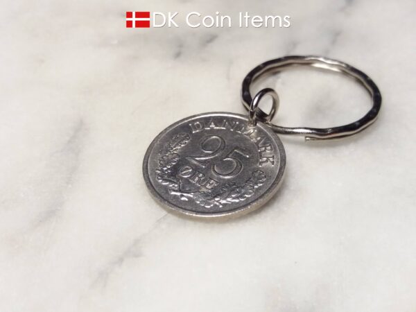 Denmark 1962 coin pendant keychain. 62 year old Danish 25 ore coin pendant with R initial