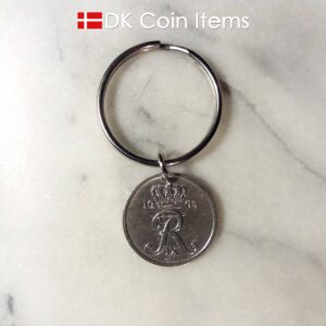 Denmark 1965 coin pendant keychain. 59 year old Danish 25 ore coin pendant with R initial