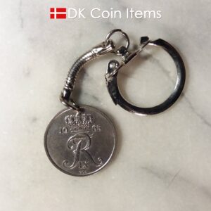 Denmark 1965 R coin keychain. 59 year old Danish 25 ore coin pendant on snake keyring