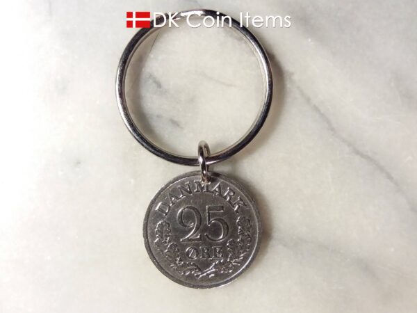 Denmark 1965 coin pendant keychain. 59 year old Danish 25 ore coin pendant with R initial