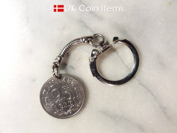 Denmark 1965 R coin keychain. 59 year old Danish 25 ore coin pendant on snake keyring