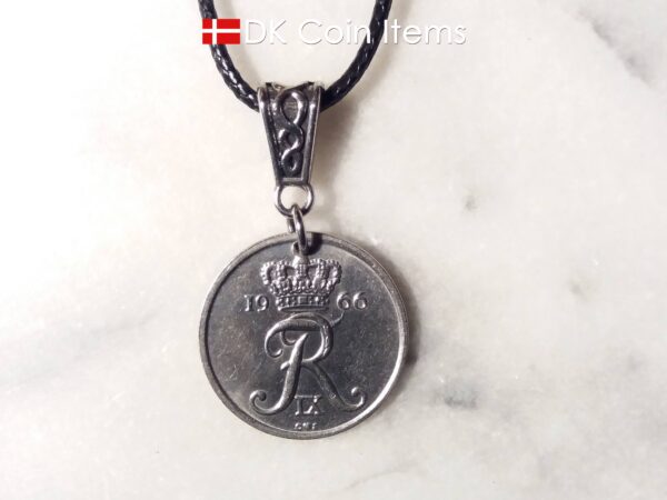 Denmark 1966 R coin necklace. 58 year old Danish 25 ore as coin pendant on bail