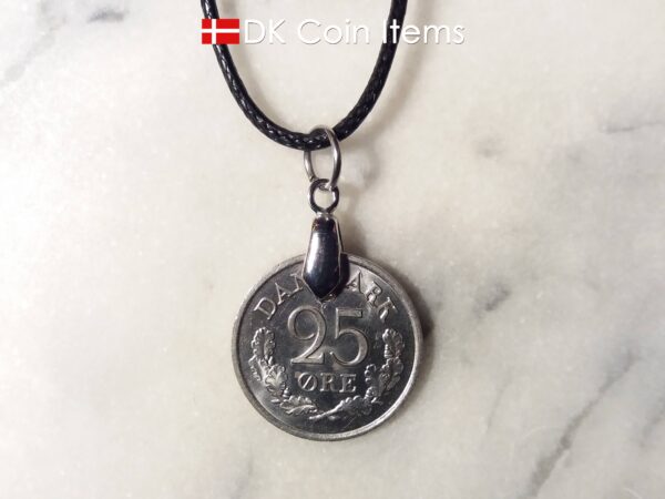 Denmark 1966 R coin necklace. 58 year old Danish 25 ore as coin pendant on pinch bail