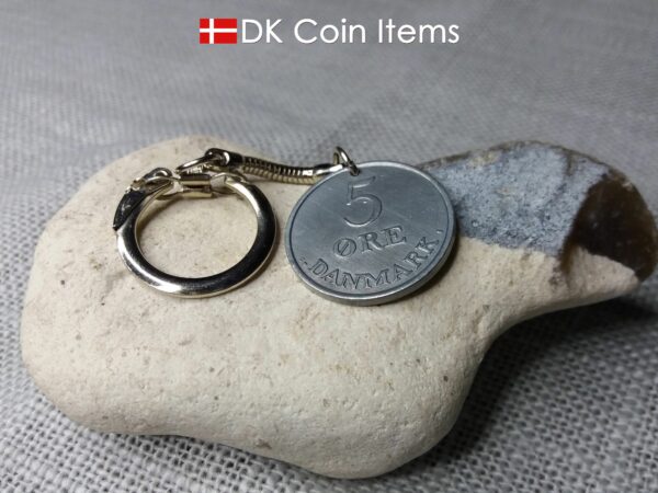 Denmark 1959 R coin keychain. 65 year old Danish 5 ore coin pendant on snake keyring