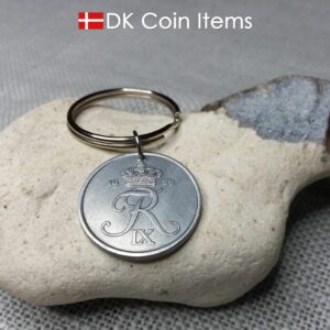 Denmark 1959 coin keychain. 65 year old Danish 5 ore with R initial as coin pendant