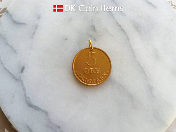 Denmark 1959 R coin pendant necklace. 65 year old Danish 5 ore. Antique gold coated coin charm.