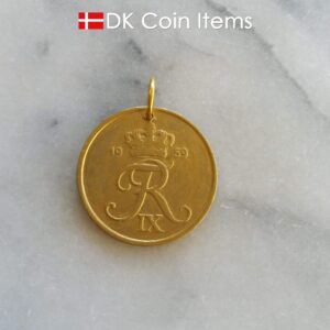 Denmark 1959 R coin pendant necklace. 65 year old Danish 5 ore. Gold coated coin charm.