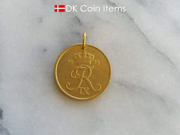 Denmark 1959 R coin pendant necklace. 65 year old Danish 5 ore. Gold coated coin charm.