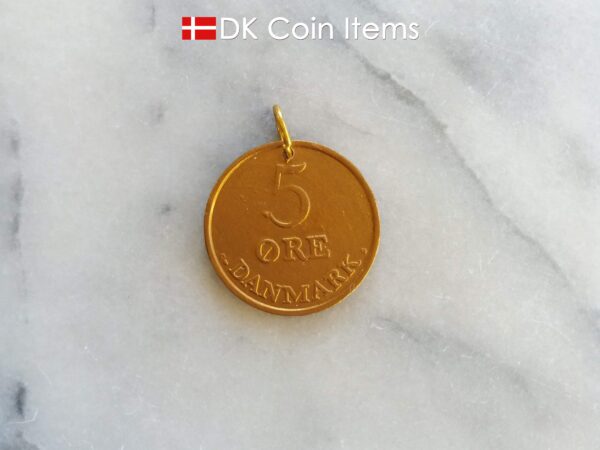 Denmark 1959 R coin pendant necklace. 65 year old Danish 5 ore. Antique gold coated coin charm.