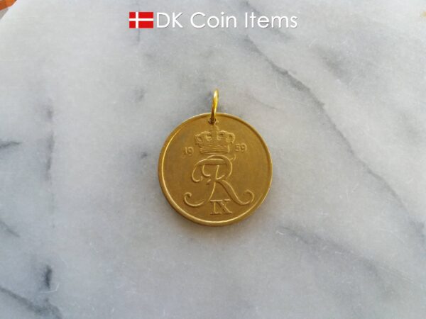 Denmark 1959 R coin pendant necklace. 65 year old Danish 5 ore. Gold coated coin charm.