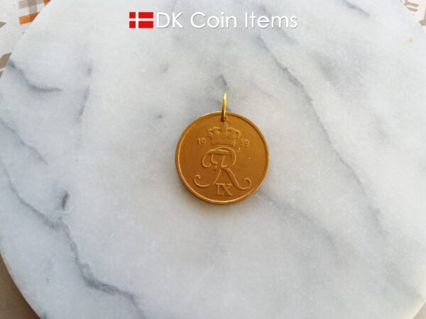 Denmark 1959 R coin pendant necklace. 65 year old Danish 5 ore. Antique gold coated coin charm.