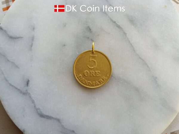 Denmark 1959 R coin pendant necklace. 65 year old Danish 5 ore. Gold coated coin charm.