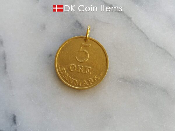 Denmark 1959 R coin pendant necklace. 65 year old Danish 5 ore. Gold coated coin charm.