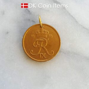 Denmark 1959 R coin pendant necklace. 65 year old Danish 5 ore. Antique gold coated coin charm.