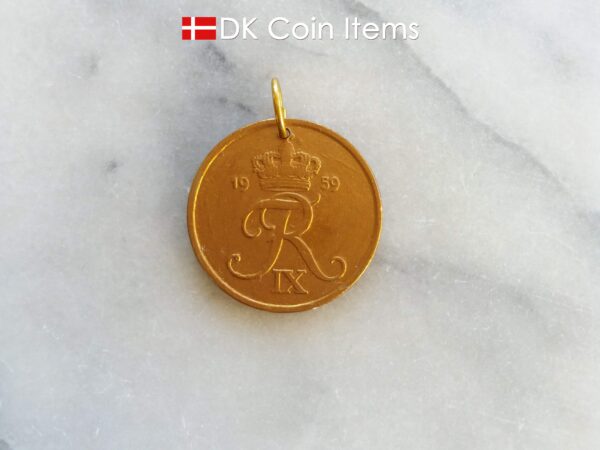 Denmark 1959 R coin pendant necklace. 65 year old Danish 5 ore. Antique gold coated coin charm.