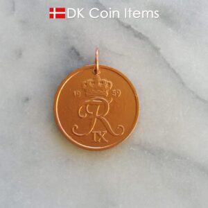 Denmark 1959 R coin pendant necklace. 65 year old Danish 5 ore. Copper coated coin charm.