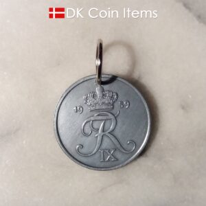 Denmark 1959 R coin pendant necklace. 65 year old Danish 5 ore coin charm