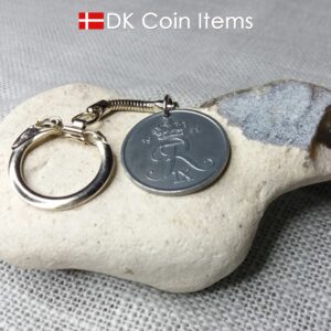 Denmark 1959 R coin keychain. 65 year old Danish 5 ore coin pendant on snake keyring