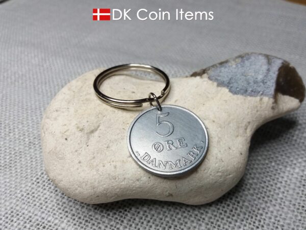 Denmark 1959 coin keychain. 65 year old Danish 5 ore with R initial as coin pendant