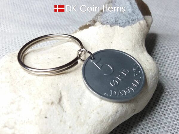 Denmark 1959 coin keychain. 65 year old Danish 5 ore with R initial as coin pendant