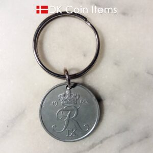 Denmark 1960 R initial coin keychain. 64 year old Danish 5 ore as coin pendant