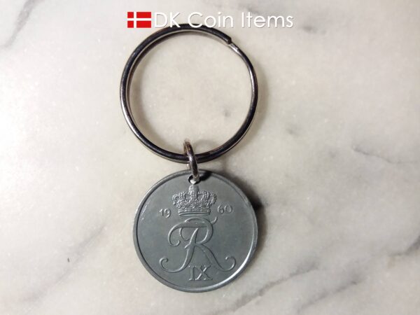 Denmark 1960 R initial coin keychain. 64 year old Danish 5 ore as coin pendant