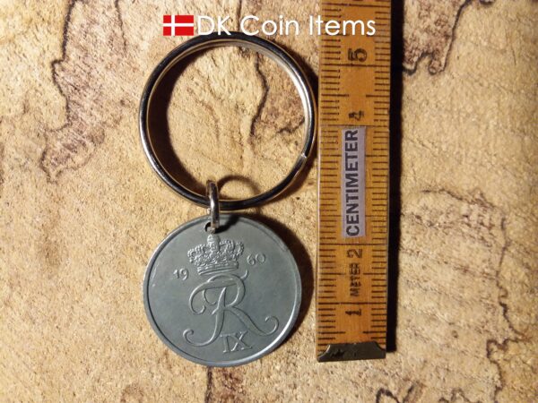 Denmark 1960 R initial coin keychain. 64 year old Danish 5 ore as coin pendant