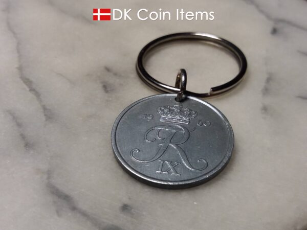 Denmark 1960 R initial coin keychain. 64 year old Danish 5 ore as coin pendant