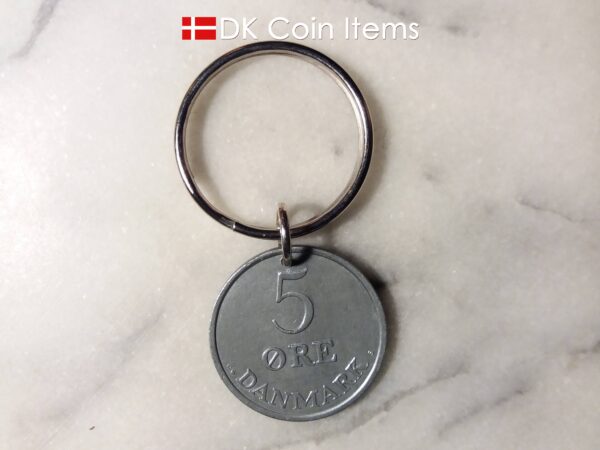 Denmark 1960 R initial coin keychain. 64 year old Danish 5 ore as coin pendant