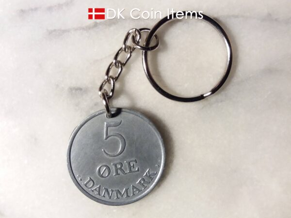 Denmark 1960 R coin keychain. 64 year old Danish 5 ore as coin pendant