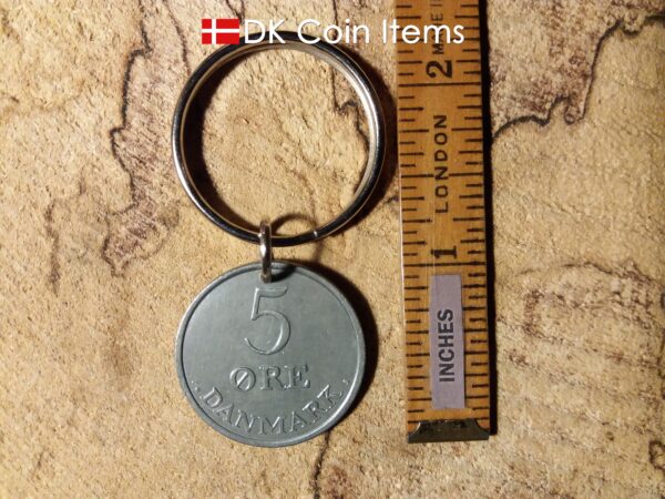 Denmark 1960 R initial coin keychain. 64 year old Danish 5 ore as coin pendant