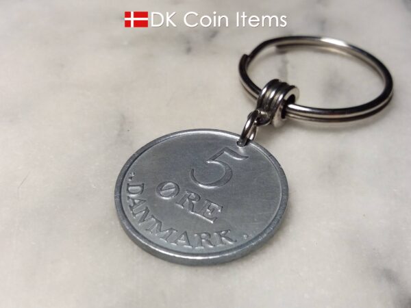 Denmark 1961 R coin keychain. 63 year old Danish 5 ore as coin pendant