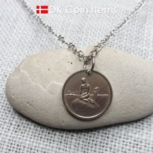 Denmark Little Mermaid coin necklace. Copenhagen Little Mermaid 1960s fare token