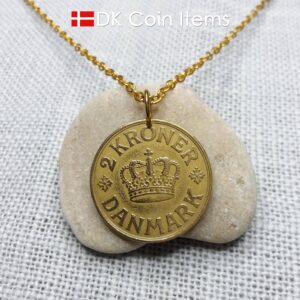 Denmark 1939 coin necklace. 85 year old golden coin pendant. Danish Crown C initial 2 kroner. Antique souvenir gift