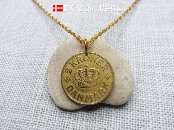 Denmark 1939 coin necklace. 85 year old golden coin pendant. Danish Crown C initial 2 kroner. Antique souvenir gift