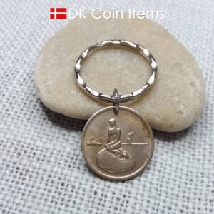 Denmark Little Mermaid coin keychain. Copenhagen Little Mermaid fare token as pendant