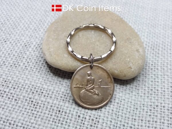 Denmark Little Mermaid coin keychain. Copenhagen Little Mermaid fare token as pendant