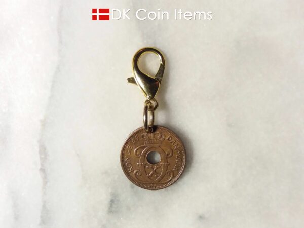 Denmark 1937 C coin charm. 87 year old Danish 1 ore coin pendant on lobster claw