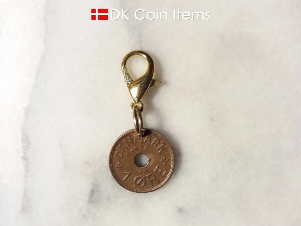 Denmark 1937 C coin charm. 87 year old Danish 1 ore coin pendant on lobster claw