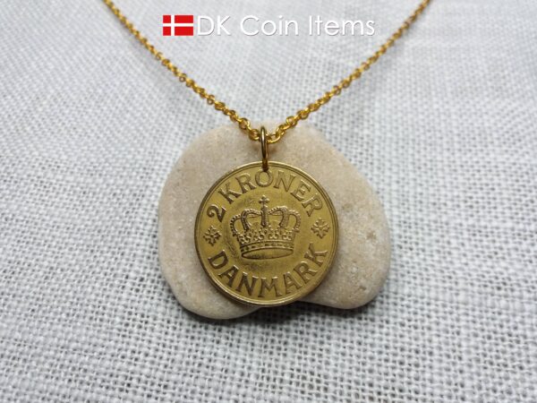 Denmark 1939 coin necklace. 85 year old golden coin pendant. Danish Crown C initial 2 kroner. Antique souvenir gift