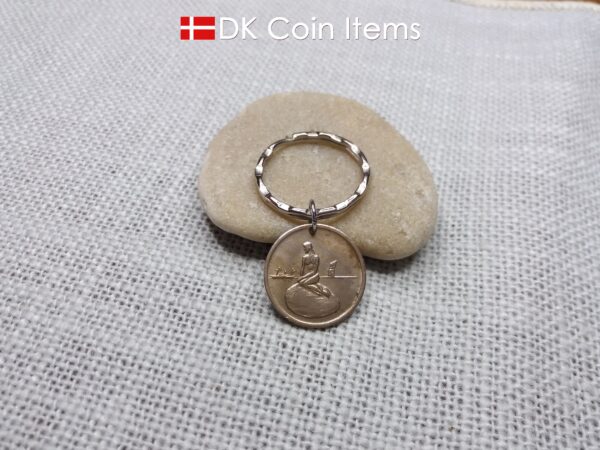 Denmark Little Mermaid coin keychain. Copenhagen Little Mermaid fare token as pendant