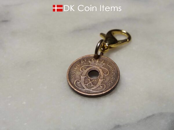 Denmark 1937 C coin charm. 87 year old Danish 1 ore coin pendant on lobster claw