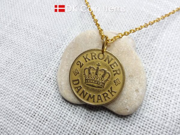 Denmark 1939 coin necklace. 85 year old golden coin pendant. Danish Crown C initial 2 kroner. Antique souvenir gift