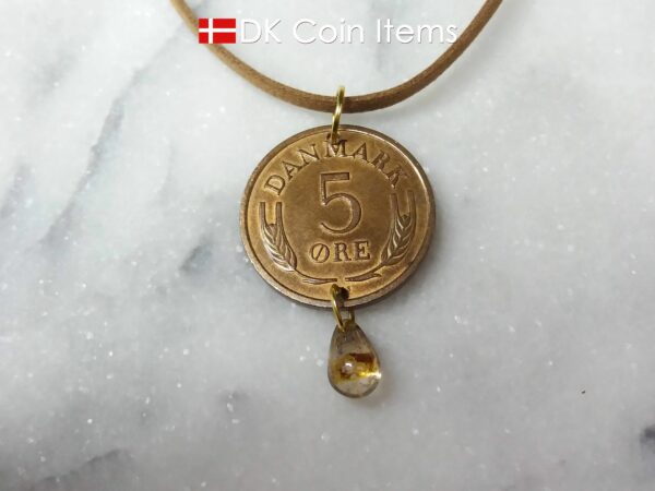 Danish 1966 coin pendant necklace 58 year old coin with bead