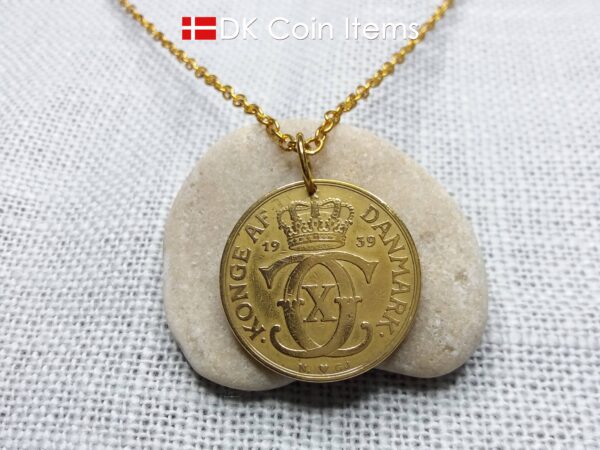 Denmark 1939 coin necklace. 85 year old golden coin pendant. Danish Crown C initial 2 kroner. Antique souvenir gift