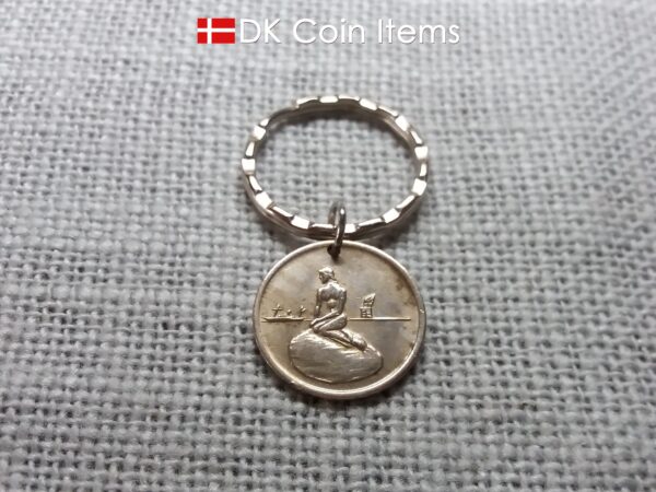 Denmark Little Mermaid coin keychain. Copenhagen Little Mermaid fare token as pendant