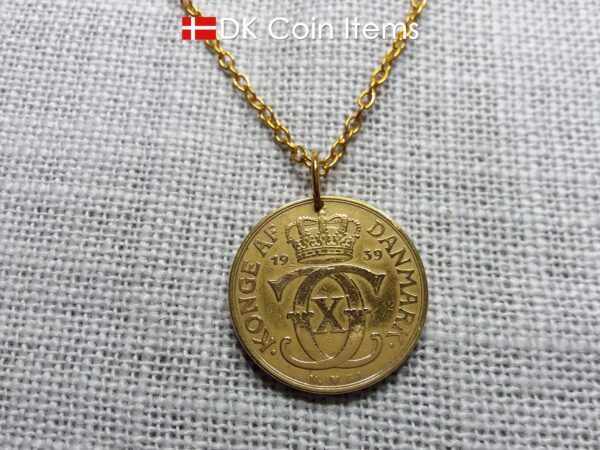 Denmark 1939 coin necklace. 85 year old golden coin pendant. Danish Crown C initial 2 kroner. Antique souvenir gift