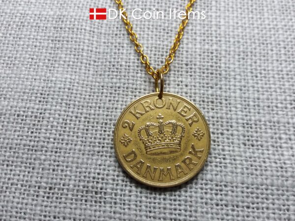 Denmark 1939 coin necklace. 85 year old golden coin pendant. Danish Crown C initial 2 kroner. Antique souvenir gift